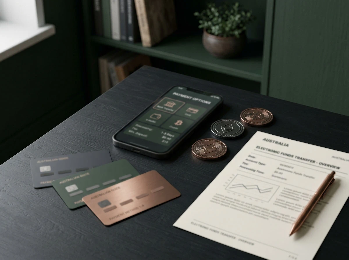 Payment cards, digital coin symbols and a bank transfer document arranged on a dark editorial desk